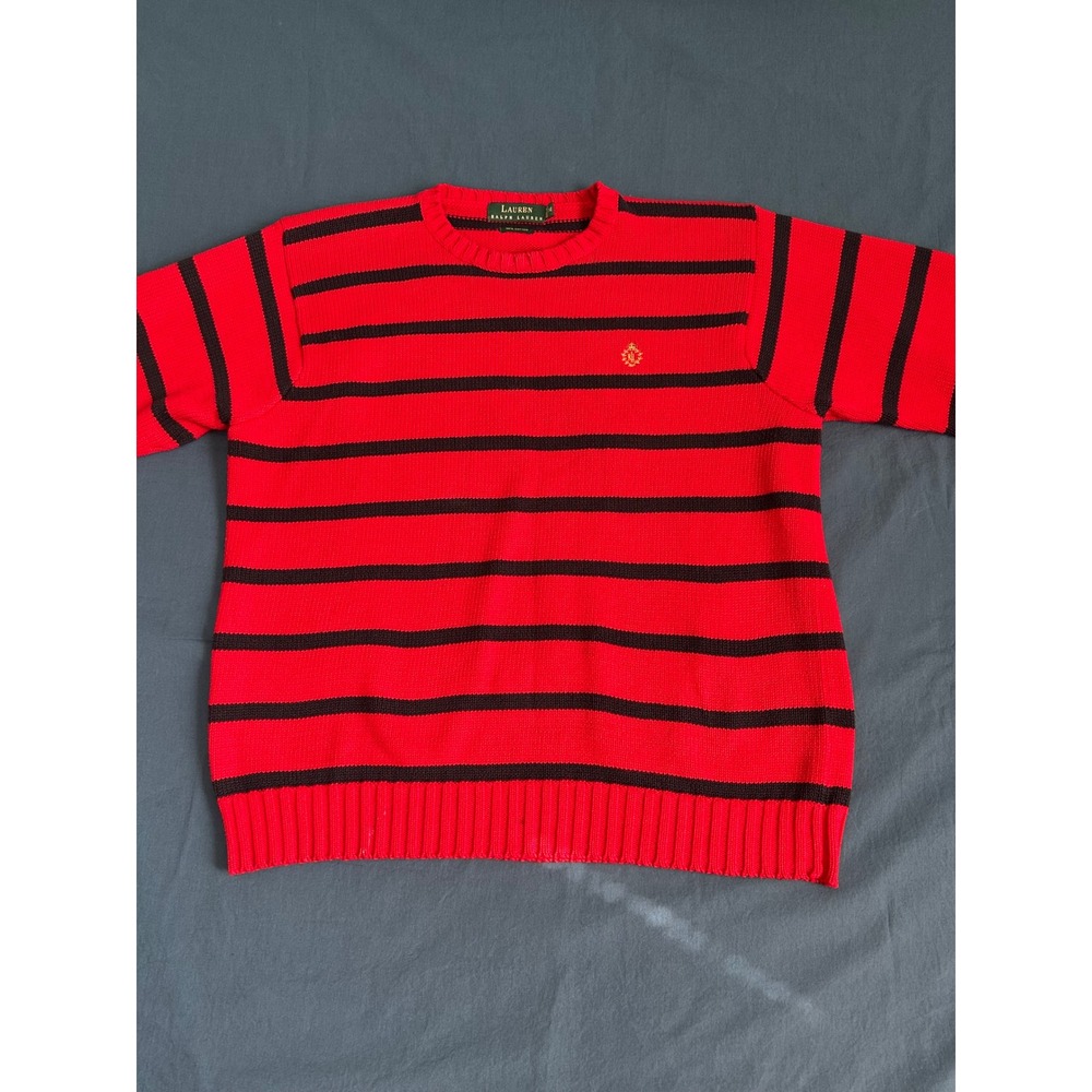 Lauren Ralph Lauren Mens Red Black Striped Cotton Knit Crew Neck Sweater M